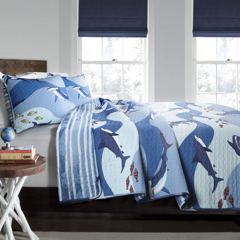 Lush Decor 16T003162 Blue Shark Allover Quilt | Fish Ocean Wave Reversible 3 Piece Bedding Set-Full Queen - Image 2