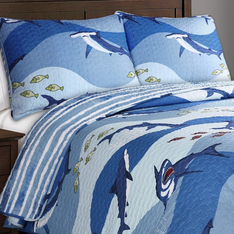 Lush Decor 16T003162 Blue Shark Allover Quilt | Fish Ocean Wave Reversible 3 Piece Bedding Set-Full Queen - Image 3