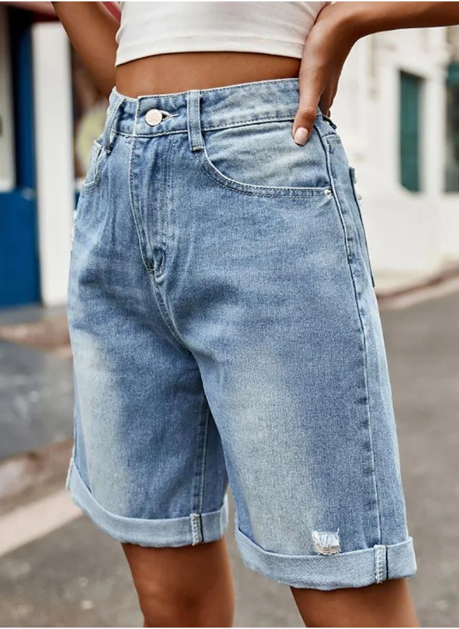 YUNIQEE Blue Solid Denim Shorts