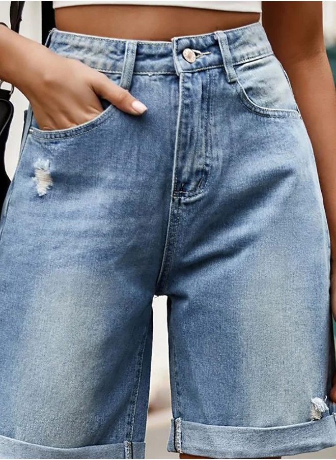 يونيكي Blue Solid Denim Shorts