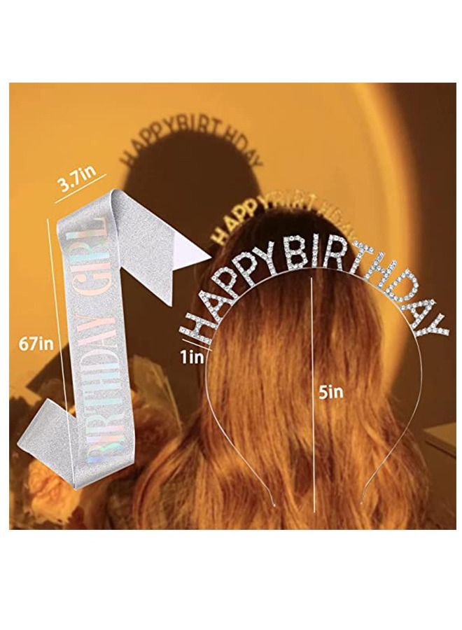 Birthday Girl Glitter Sash Rhinestone Crown Headband Set, Birthday Party Girl Hair Hoop Sash Set (Silver) - Image 2