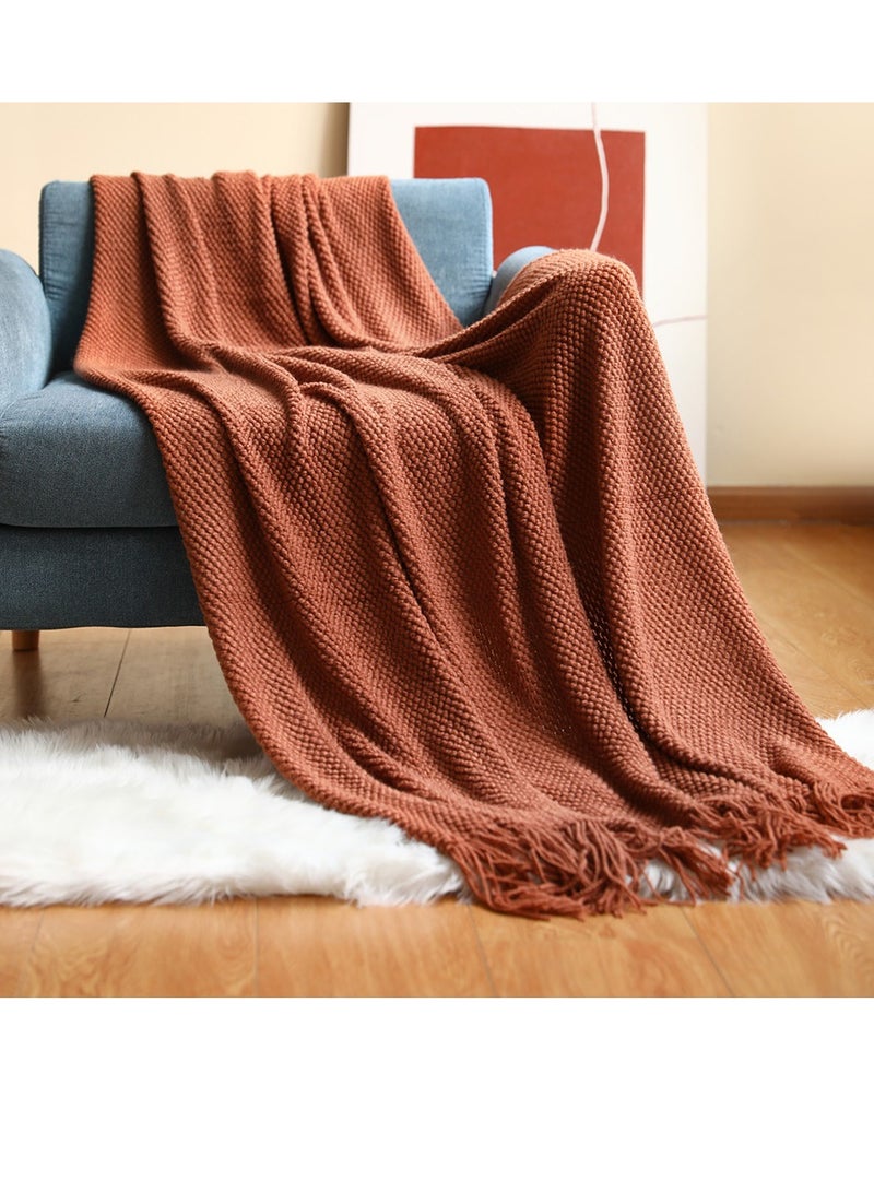 إسكدنيا شرابة تصميم نسيج محبوك بطانية لينة دافئة الطوب الأحمر