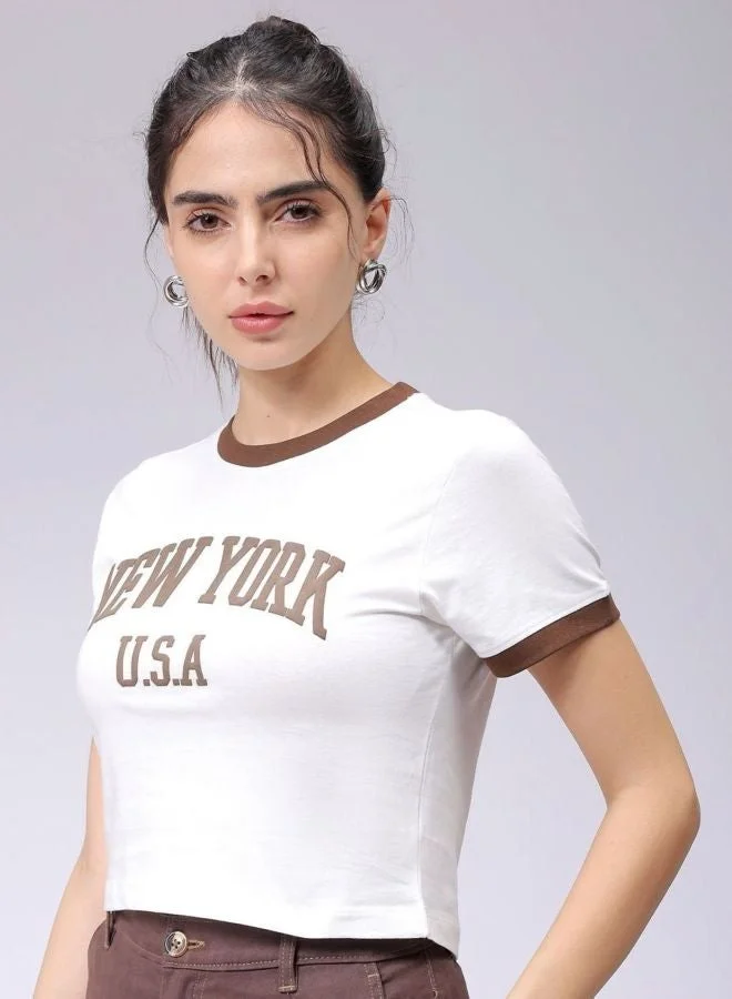 Women Slim Fit Typography Printed Crew Neck Short Sleeve Cropped T-Shirt