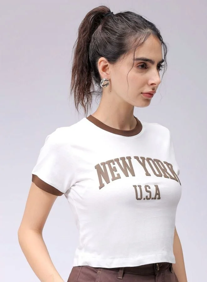 Freehand  Women Slim Fit Typography Printed Crew Neck Short Sleeve Cropped T-Shirt for Women | Best Price UAE