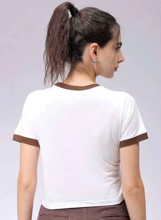 Freehand  Women Slim Fit Typography Printed Crew Neck Short Sleeve Cropped T-Shirt for Women | Best Price UAE