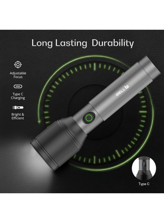 آي بيل مصباح يدوي قابل لإعادة الشحن IBELL LUMINEX 850 – عبوة من قطعتين | بطارية سعة 2200 مللي أمبير في الساعة، خاصية التكبير (زوم تلسكوبي)، شحن عبر منفذ USB-C، إضاءة LED عالية القدرة، 3 أوضاع للإضاءة، قدرة 15 واط، هيكل من الألومنيوم، مناسب للاستخدام المنزلي والخارجي وحالات الطوارئ (اللون الرمادي) - Image 2