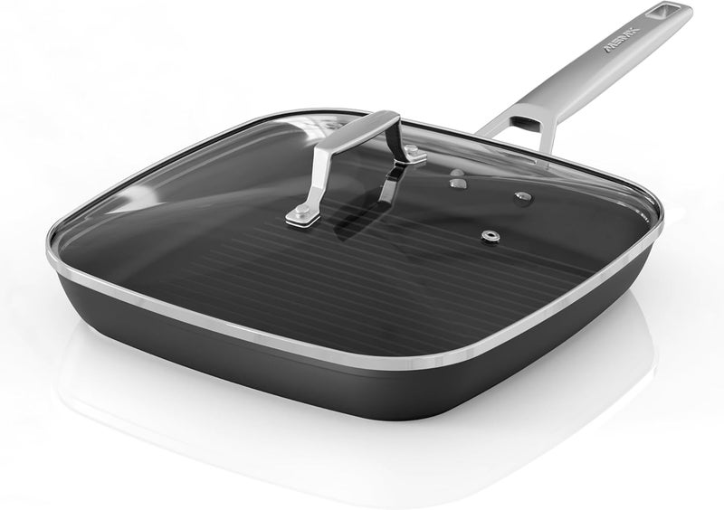MsMk Square Grill Pan with Lid, 9.5 Inch Titanium and Ceramic Nonstick Grilling Skillet Pan，Stay-Cool Handle，Compatible with All Stovetops，PFOA Free，Dishwasher & Oven Safe，Indoor Chicken Skille - Image 1