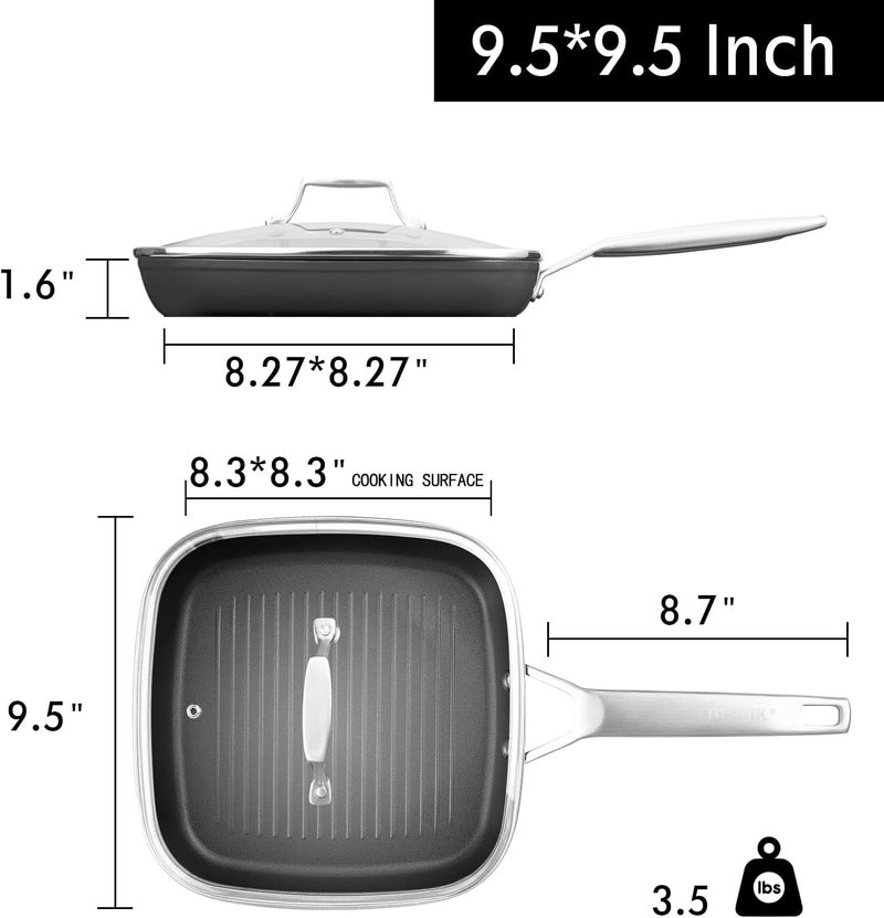 MsMk Square Grill Pan with Lid, 9.5 Inch Titanium and Ceramic Nonstick Grilling Skillet Pan，Stay-Cool Handle，Compatible with All Stovetops，PFOA Free，Dishwasher & Oven Safe，Indoor Chicken Skille - Image 4