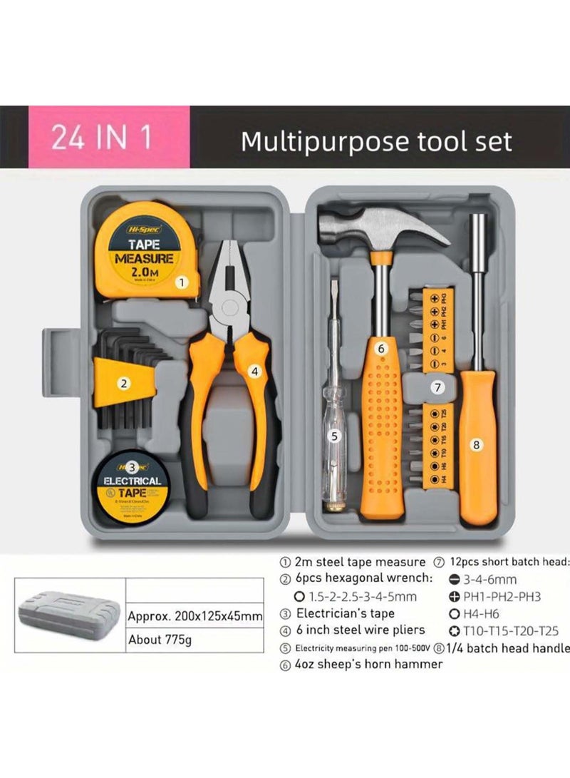 GGOOT 24 Pieces Tool Set, Household Hand Tool Set with Plastic Storage Case, Household Maintenance Kit for Computer Hardware with Screwdriver, Tape Measure, Pliers (Yellow)  - Image 2