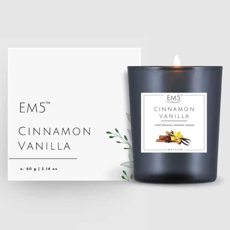 Em5 شموع معطرة بالقرفة والفانيليا من EM5™ | 60 جرام | 20 ساعة زمن احتراق | خالية من الدخان وغير سامة وعطرة للاحتراق النظيف لتزيين المنزل والعلاج بالروائح | هدية للرجال والنساء - Image 2