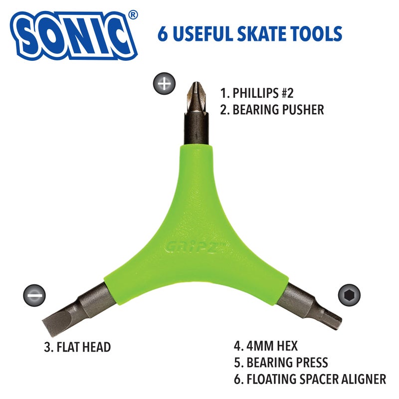 SONIC Gripz Inline Skate Tool, 6 Tools, 4 mm Hex, Rotate Wheels, Remove Bearings, 2 Screwdrivers to Adjust Hockey Helmets, Designed in USA - Image 2