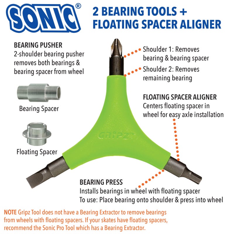 SONIC Gripz Inline Skate Tool, 6 Tools, 4 mm Hex, Rotate Wheels, Remove Bearings, 2 Screwdrivers to Adjust Hockey Helmets, Designed in USA - Image 3