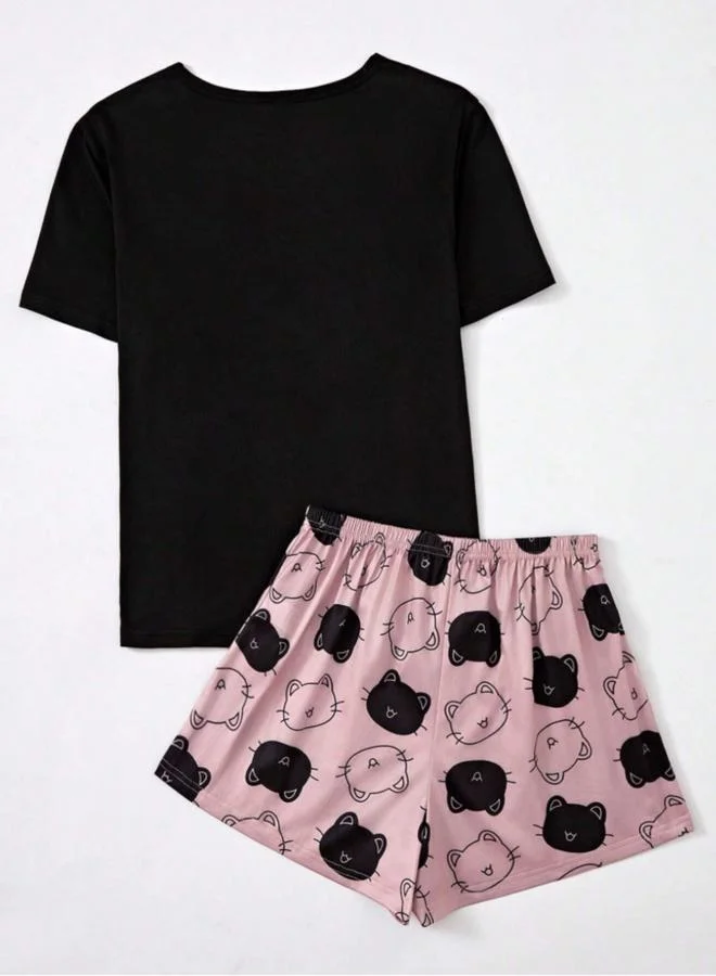 تايك تو Black Cat Print T-Shirt and Shorts Set