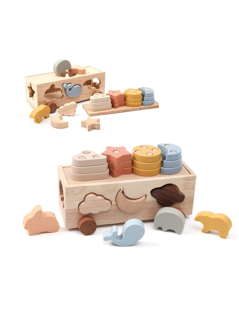 Excefore Wooden Shape Sorter Car Toys, Silicone Montessori Stack Toy Car, Wooden Sorting Car Toy, Learning Educational Toys, Gifts for Preschool Baby Boys & Girls or Toddlers 1-3 Years Old  - Image 1