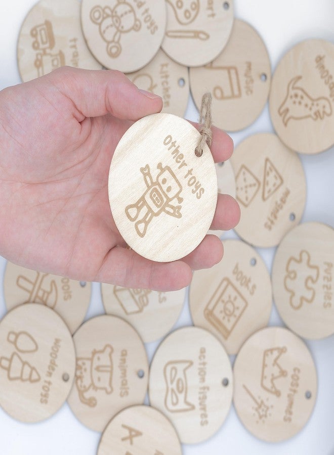 The Boho Design Wood Toy Storage Labels Natural Jute String. 20 Unique Designs of Wooden Tags for Woven Basket. Home Organization Playroom, Bedroom Decor. Illustration by Artist @vieli_arte (Wood + Jute String) - Image 3