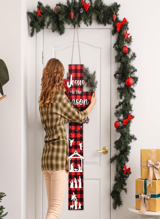 Menkxi 27.5 Inch Christmas Jesus is The Reason Door Sign Wood Christmas Nativity Scene Cross Door Ornament Christian Hanger Wreath for Holiday Wall Home Decor - Image 3