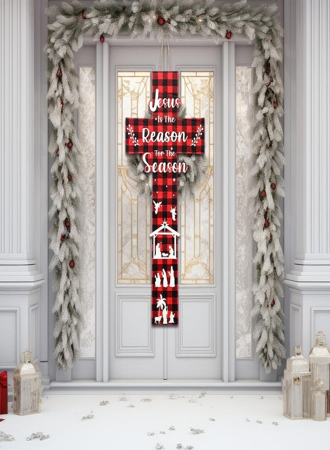 Menkxi 27.5 Inch Christmas Jesus is The Reason Door Sign Wood Christmas Nativity Scene Cross Door Ornament Christian Hanger Wreath for Holiday Wall Home Decor - Image 1