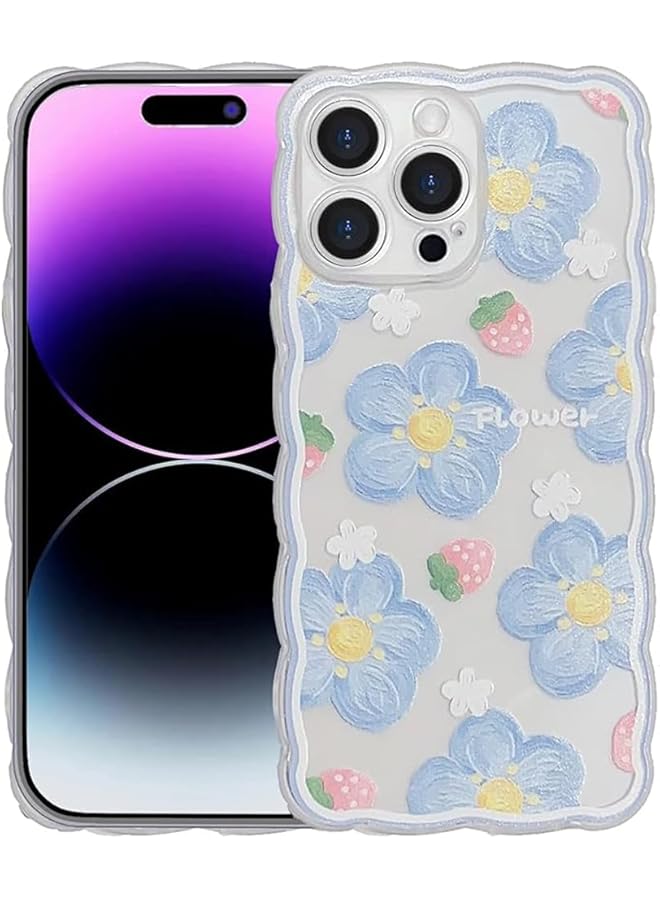إيروريكس جراب لهاتف iPhone 16 أزرق مطبوع عليه رسومات زيتية زهور بالليزر لامعة بنمط مموج مجعد أنيق ومتين غطاء حماية من مادة TPU للفتيات والنساء أزرق 16 - Image 1