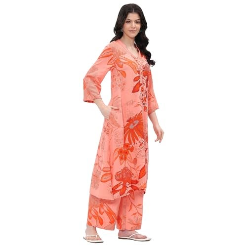 Biba women Peach Viscose Rayon Straight Kurta Set_38 - Image 3