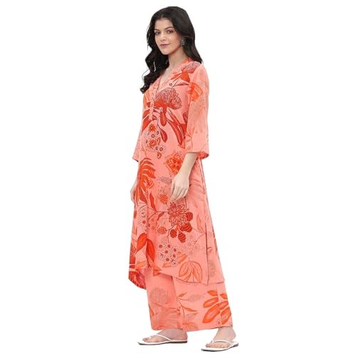 Biba women Peach Viscose Rayon Straight Kurta Set_38 - Image 2