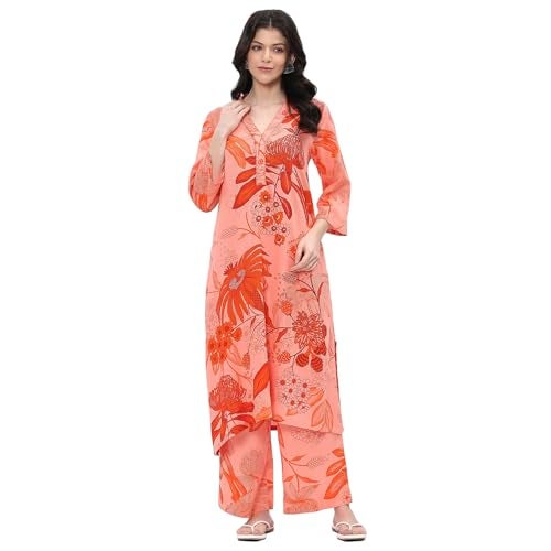 Biba women Peach Viscose Rayon Straight Kurta Set_38 - Image 1