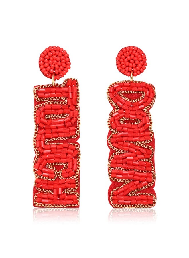 فالين أقراط من الخرز لأعياد كرة القدم للسيدات أقراط يدوية الصنع عليها حروف لمس الأرض أقراط مميزة لفريق رياضي هدايا مجوهرات للحفلات الرياضية (أحمر) - Image 1