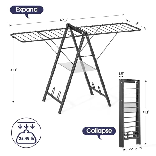 APEXCHASER Foldable Clothes Drying Rack Metal Laundry Drying Rack Collapsible Ultra Thin Clothes Rack for Sweater Bra Towel for Indoor Outdoor Use Height Adjustable Gullwing Clothes Airer Black - Image 3