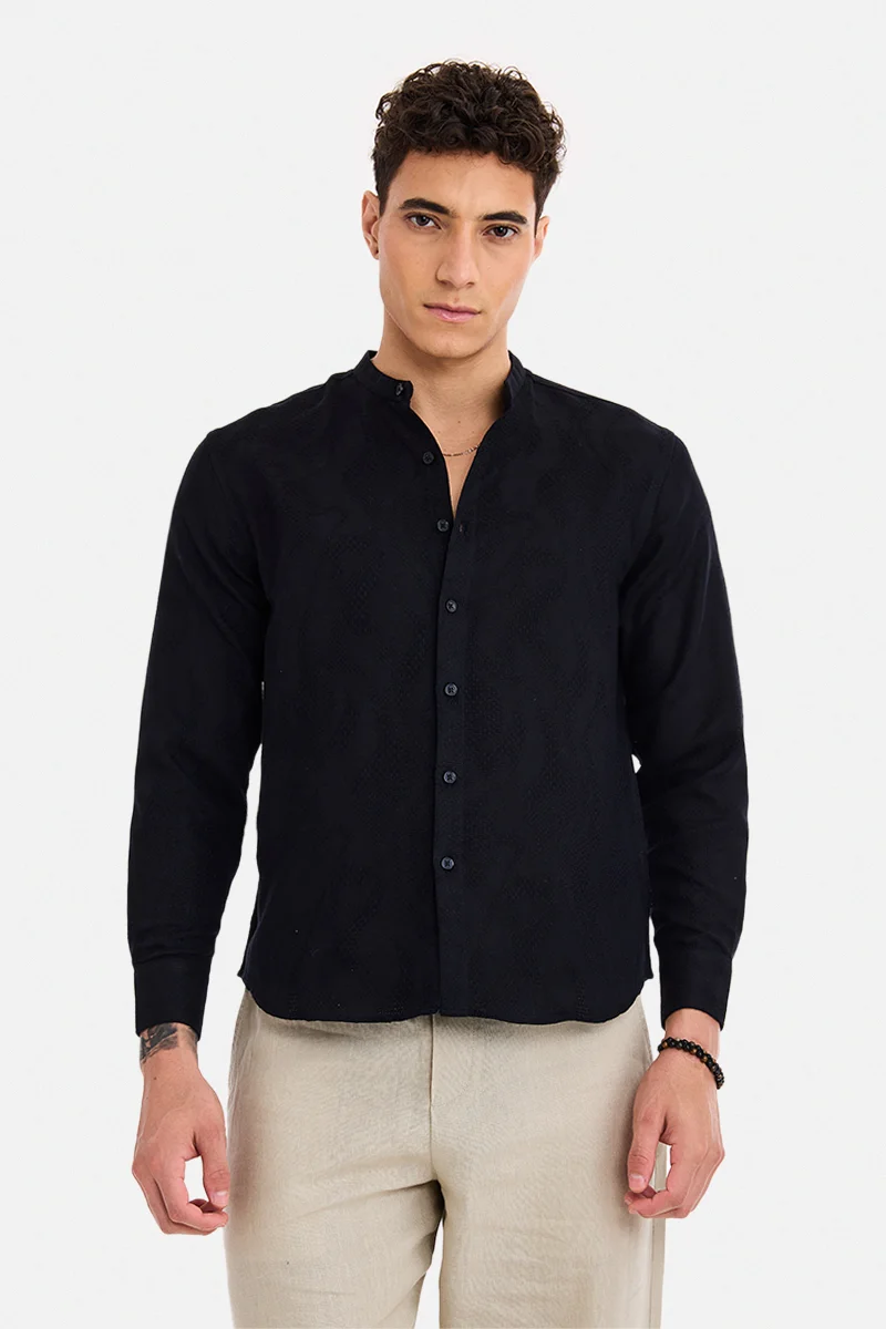 SNITCH Black Geometric Long Sleeve Regular Fit Shirt