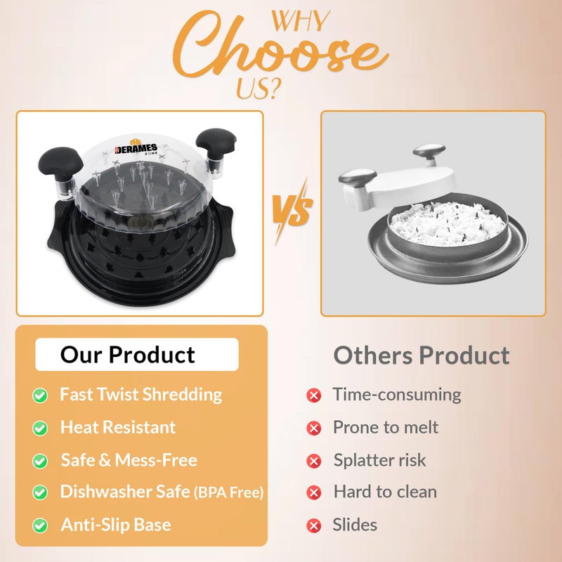 THE DERAMES ZONE Chicken Shredder Tool Twist with Brush -10" Large Chicken Breast Meat Shredder Machine â€“ BPA-Free Meat Grinder with Removable Tray, Non-Slip Suitable for Pork, Beef, Chicken - Dishwasher Safe (Black) - Image 5