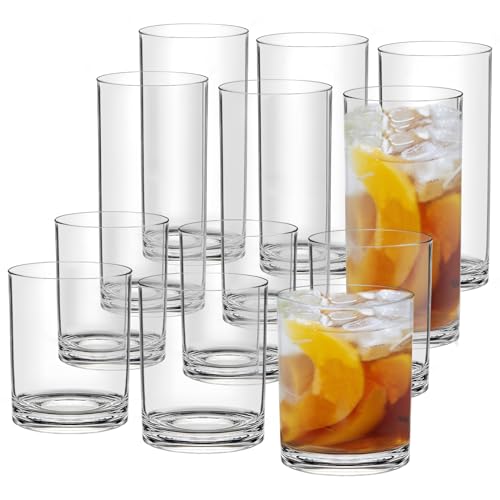 HIGIINC Classic 12oz Reusable Plastic Drinking Glasses Set of 12 Unbreakable BPA Free Acrylic Cups Shatterproof Dishwasher Safe Plastic Tumblers for Kitchen Home