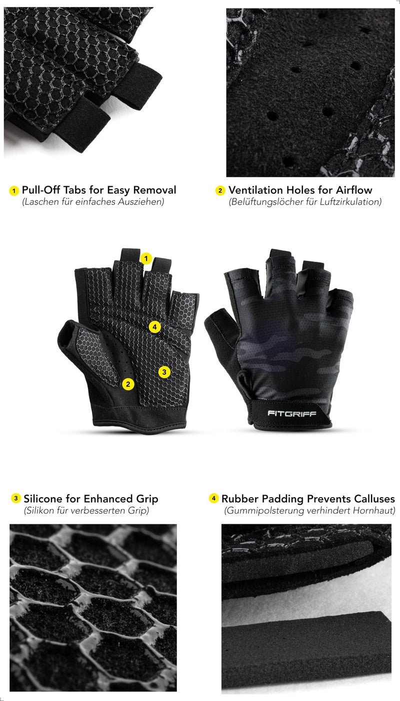 FitgriffÂ® Workout Gloves (Padded) for Men & Women - Fingerless Gym Gloves for Weight Lifting, Training - Full Palm Protection (Camo-Black, Size 6) - Image 3