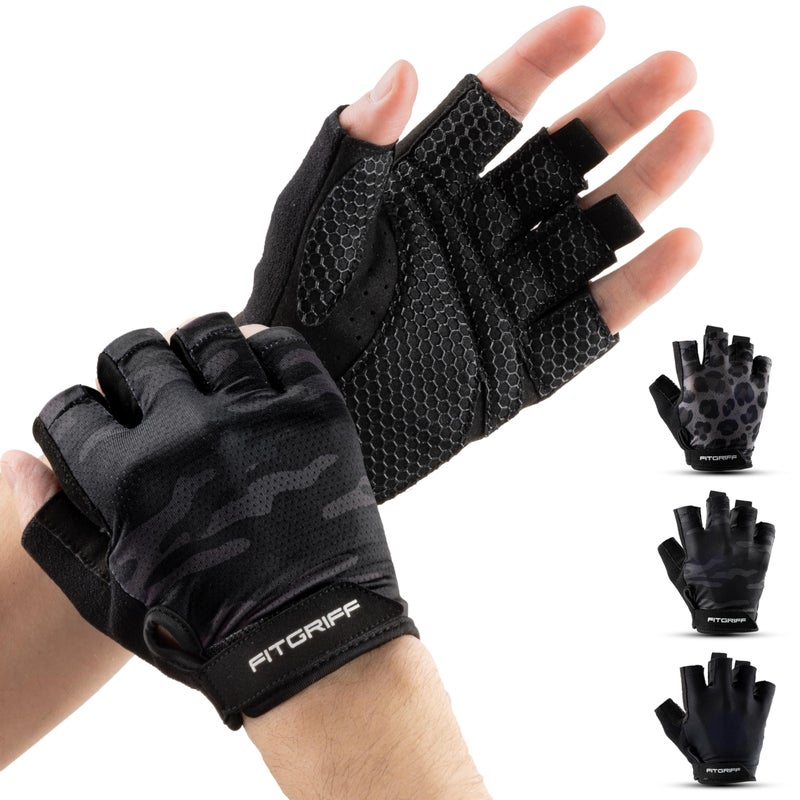 FitgriffÂ® Workout Gloves (Padded) for Men & Women - Fingerless Gym Gloves for Weight Lifting, Training - Full Palm Protection (Camo-Black, Size 6) - Image 1
