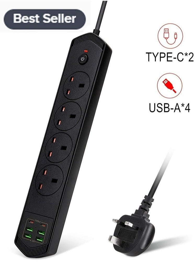 Power Socket Power Strip Power Extension with TYPE-C 2 Ports USB-A  4 Ports Universal Power Socket 4-Way AC Outlets Power Strip 2m Extension Cable - Image 1