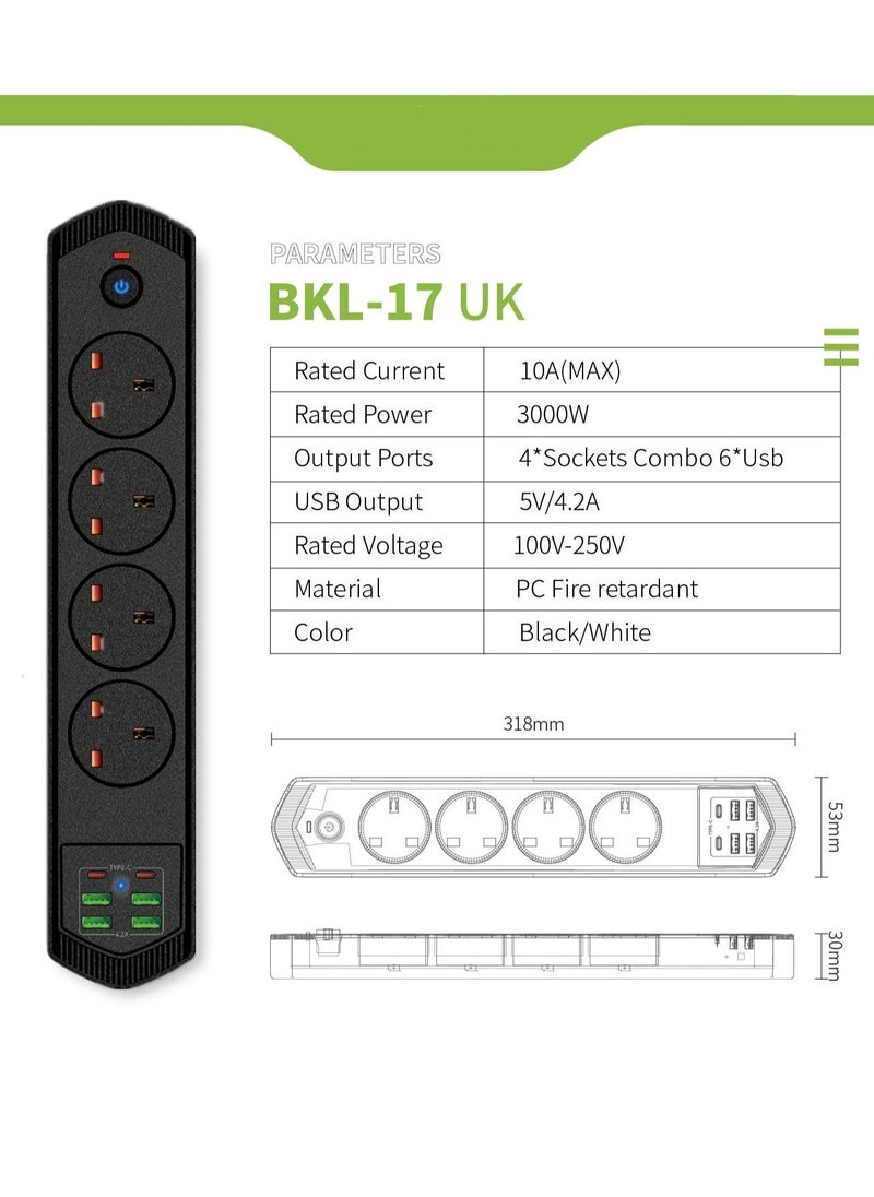 Power Socket Power Strip Power Extension with TYPE-C 2 Ports USB-A  4 Ports Universal Power Socket 4-Way AC Outlets Power Strip 2m Extension Cable - Image 3