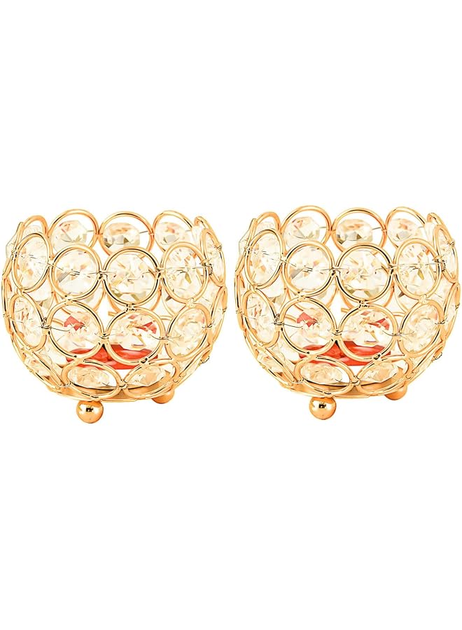 The Bros Crystal Gold Candle Holders Set of 2 Tea Light Metal Bowl Luxurious Candlestick 9.5cm Tall Candle Stand Ornaments for Christmas Living Room Wedding Table Centerpieces - Image 1