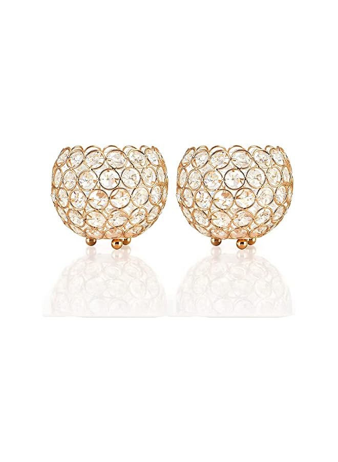 The Bros Crystal Gold Candle Holders Set of 2 Tea Light Metal Bowl Luxurious Candlestick 9.5cm Tall Candle Stand Ornaments for Christmas Living Room Wedding Table Centerpieces - Image 3