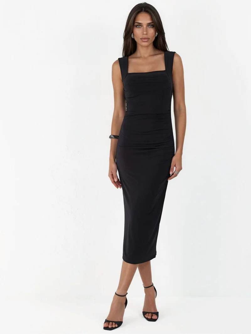 HICCUP Black Square Collar Bodycon Sandy Midi Dress for Women | Best Price UAE