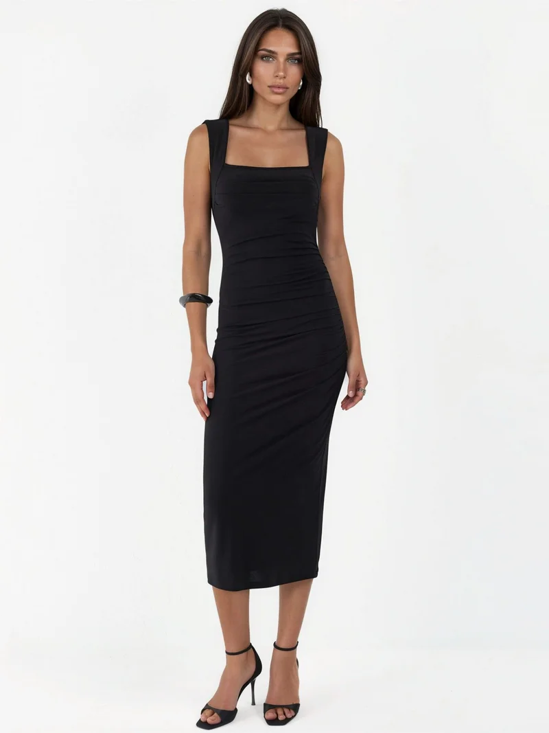 Hiccup Square Collar Bodycon Sandy Midi Dress