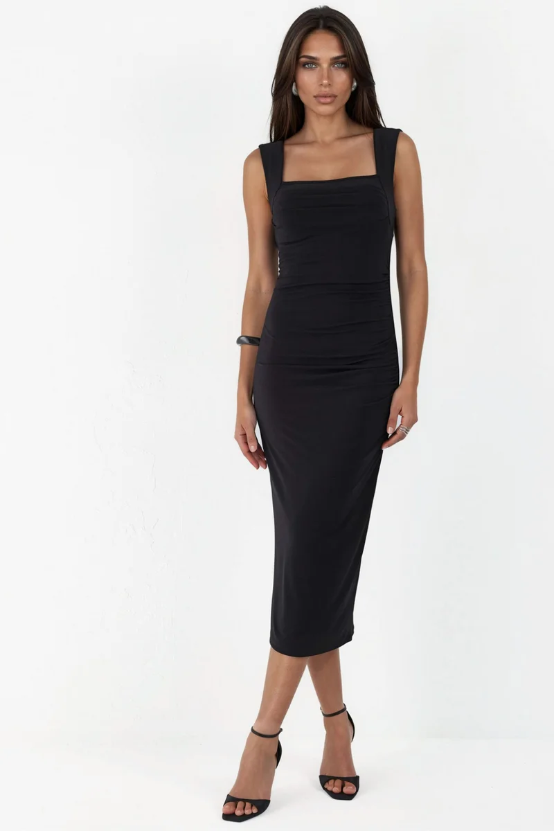 Hiccup Black Square Collar Bodycon Sandy Midi Dress for Women | Best Price UAE