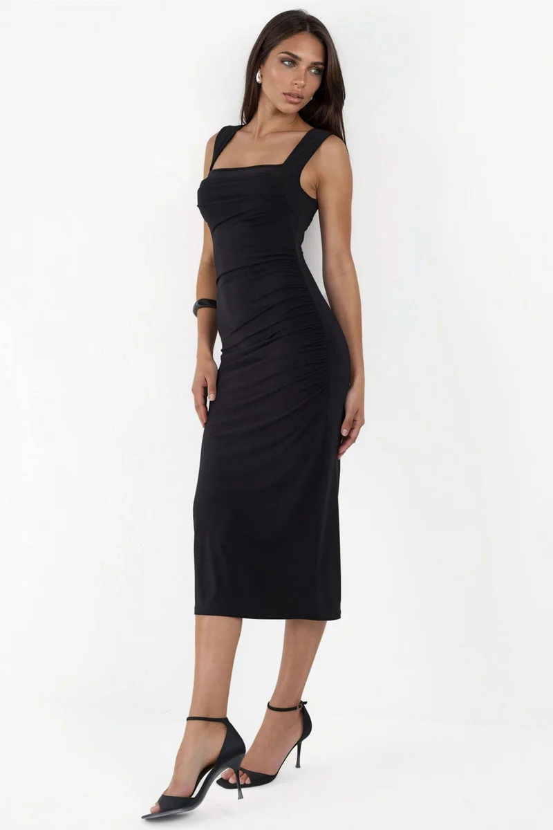 Hiccup Black Square Collar Bodycon Sandy Midi Dress for Women | Best Price UAE