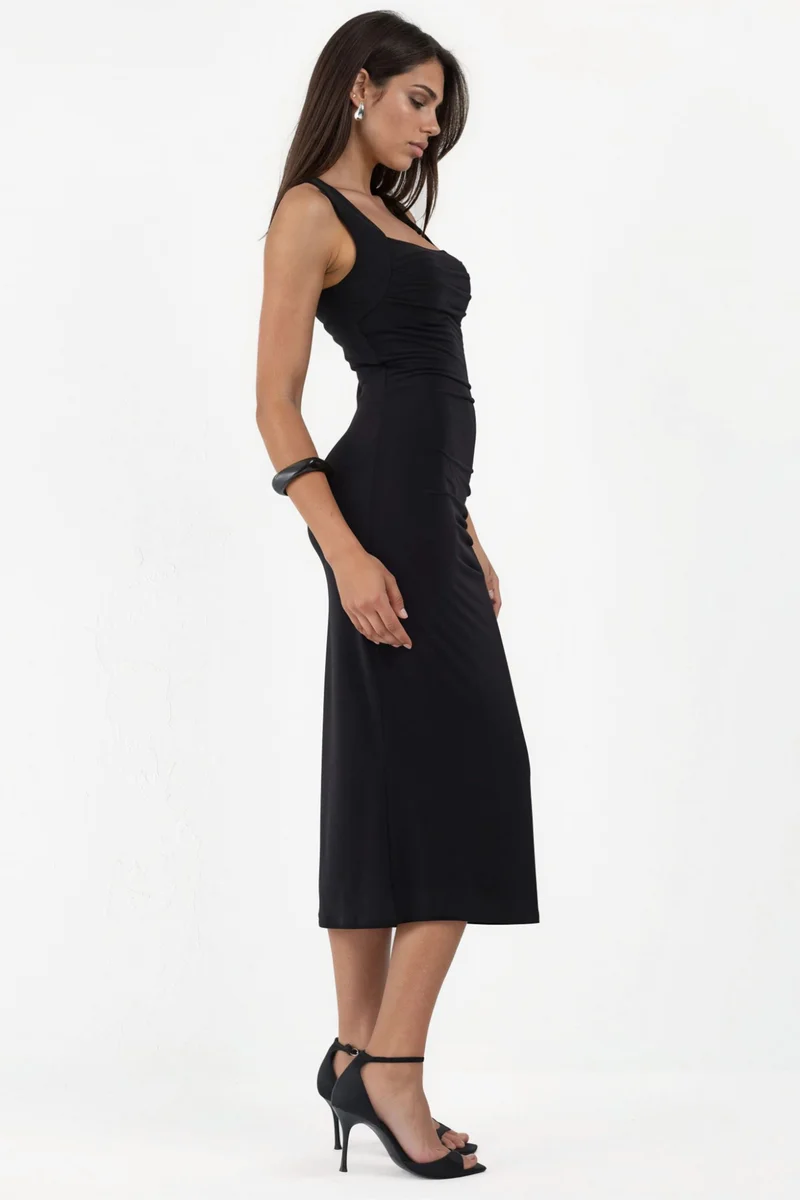 Hiccup Black Square Collar Bodycon Sandy Midi Dress for Women | Best Price UAE