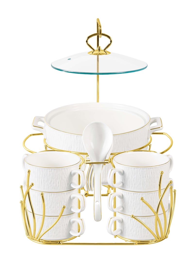 Shallow 16 Piece Gyza Soup Set with Gold Stand - Stylish Dining with Elegant White Porcelain Dinnerware, Soup Bowls - Image 1