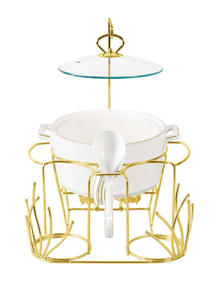 Shallow 16 Piece Gyza Soup Set with Gold Stand - Stylish Dining with Elegant White Porcelain Dinnerware, Soup Bowls - Image 2