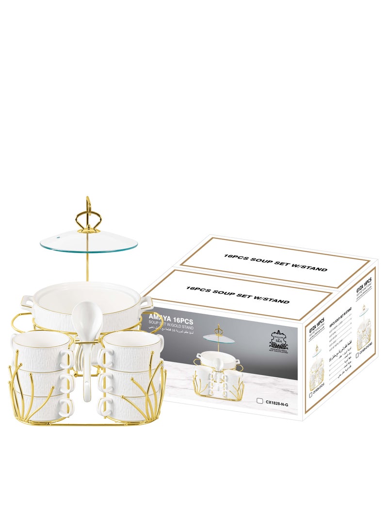 Shallow 16 Piece Gyza Soup Set with Gold Stand - Stylish Dining with Elegant White Porcelain Dinnerware, Soup Bowls - Image 3