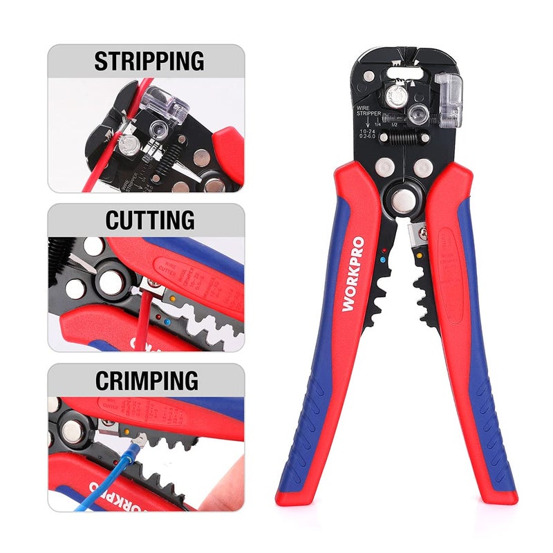 WORKPRO Self Adjusting Wire Stripper, 3-in-1 Automatic Wire Stripper/Cutter/Crimper, AWG10-24, 8 Inch Multi Pliers For Electrical Wire Stripping, Cable Cutting, Crimping,Red&blue - Image 5