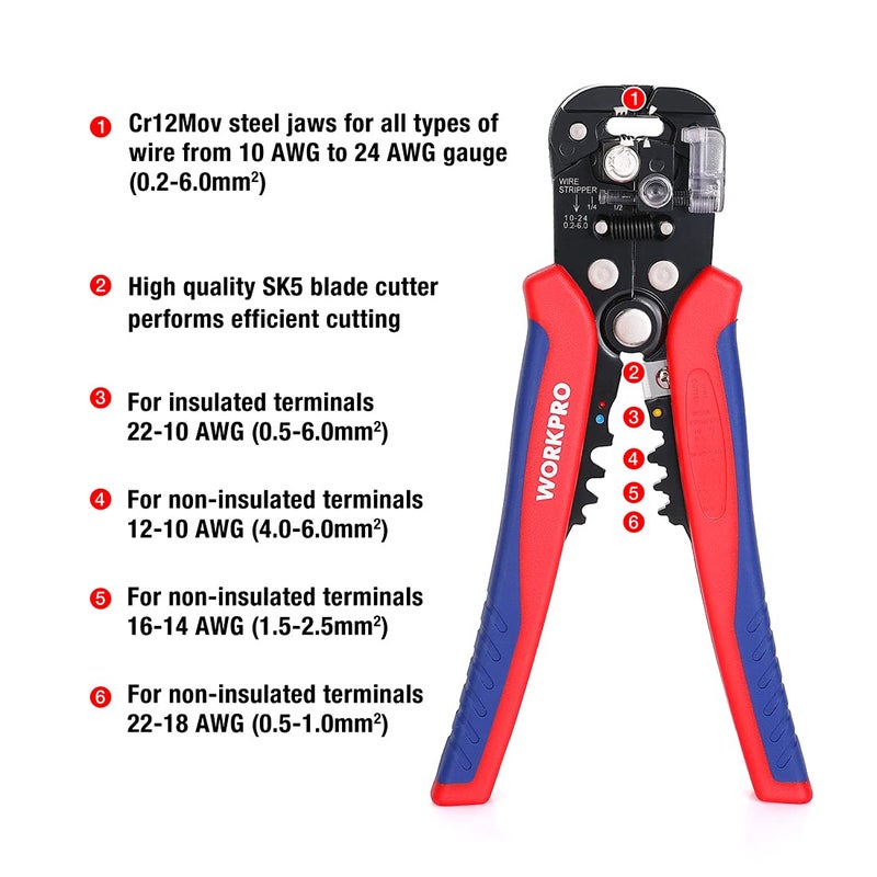 WORKPRO Self Adjusting Wire Stripper, 3-in-1 Automatic Wire Stripper/Cutter/Crimper, AWG10-24, 8 Inch Multi Pliers For Electrical Wire Stripping, Cable Cutting, Crimping,Red&blue - Image 3