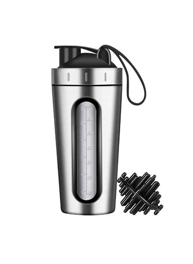 EFUMKE Protein Shaker Cup for Protein Mixes and Pre-Workout with Viewing Window, 304 Stainless Steel Shaker Cup Leakproof (Silver 700ml) - Image 1