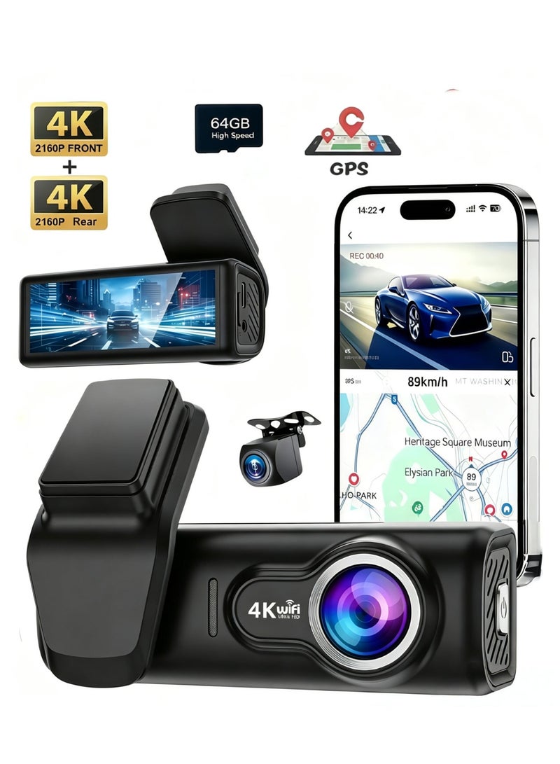 4k 8MP كاميرا داش الأمامية والخلفية ، شاشة IPS 3.2 " ، كاميرا داش GPS 5G WiFi المدمجة للسيارات مع التطبيق ، بطاقة SD 64G مجانية للرؤية الليلية UHD 2160P ، 170 درجة زاوية واسعة ، HDR  ، وضع موقف سيارات 24 ساعة - Image 1