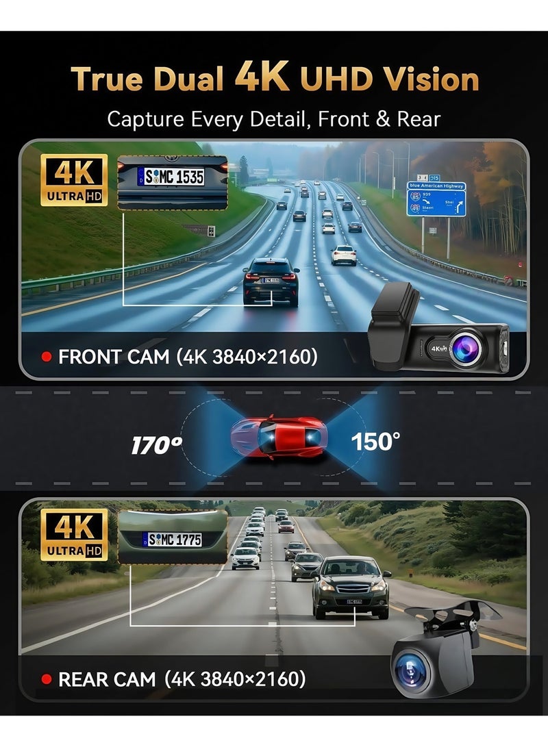 4k 8MP كاميرا داش الأمامية والخلفية ، شاشة IPS 3.2 " ، كاميرا داش GPS 5G WiFi المدمجة للسيارات مع التطبيق ، بطاقة SD 64G مجانية للرؤية الليلية UHD 2160P ، 170 درجة زاوية واسعة ، HDR  ، وضع موقف سيارات 24 ساعة - Image 2