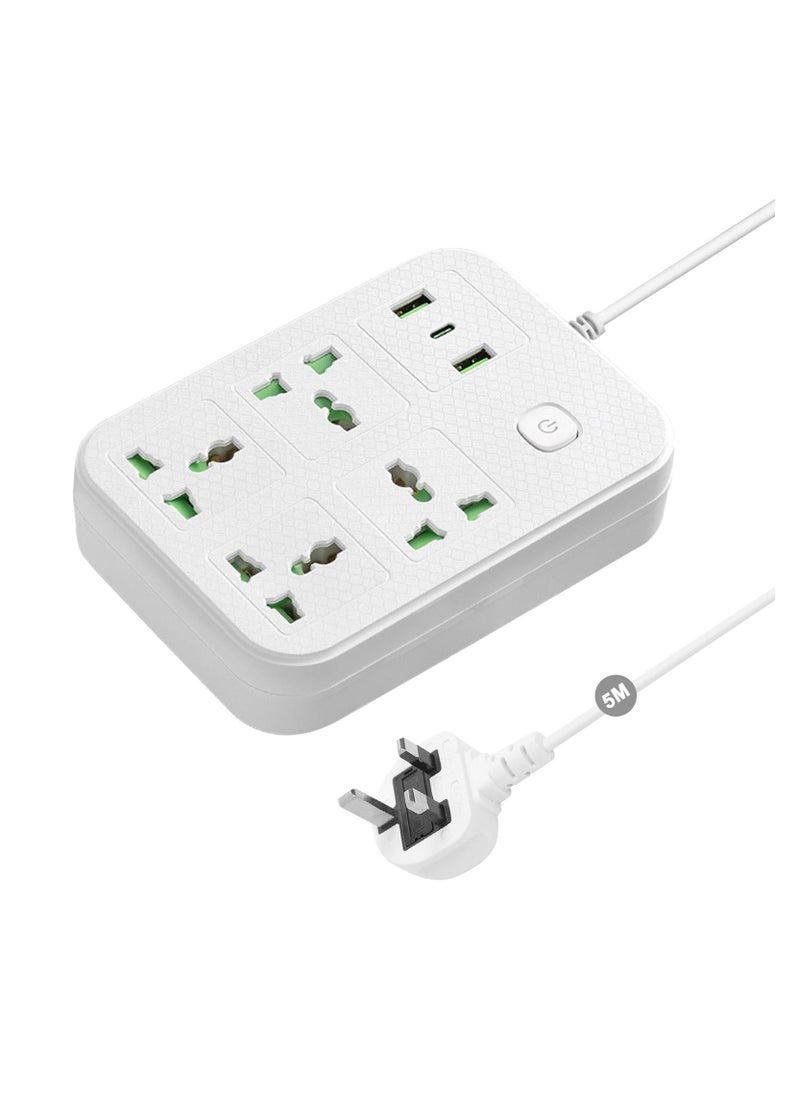 Anmi Power Strips Extension Cord 4 Sockets Universal Plug Adapter with 1 Type C ,2 USB Ports Surge Protector Charging Socket with 5M Bold Extension Cord (White) - Image 1